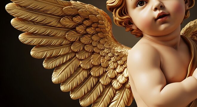 Close-up of golden cherub statue with detailed wings, rendered with soft lighting
