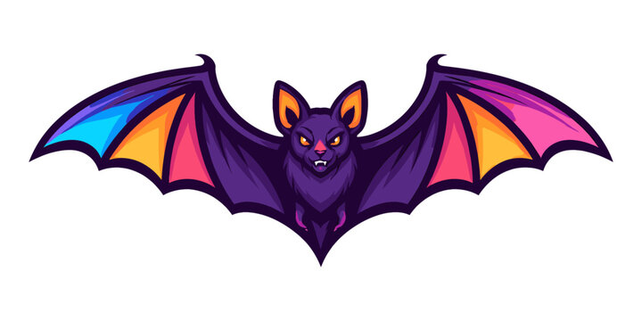 Scary flying bat mascot with fangs and stretched wings. Dynamic logo in purple, orange, blue, and pink colors
