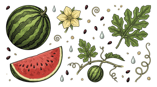 Vintage Engraved Style Watermelon Vector Collection featuring Whole Fruit, Slice, Vine, Blossom, and Seeds for Summer Design
