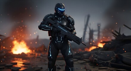 Naklejka premium Futuristic Cyber Soldier with Tactical Armor in Burning Battlefield