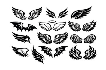 Obraz premium Stylized wing illustrations including angelic, feathered, and devil bat designs. Representing mythology, freedom, and spiritual themes