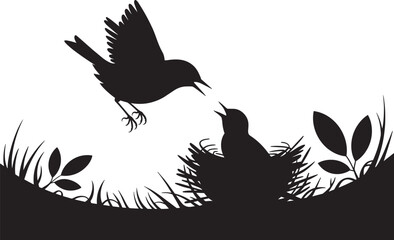 Silhouette illustration of a bird feeding its chicks in a nest with foliage detail © lok0077