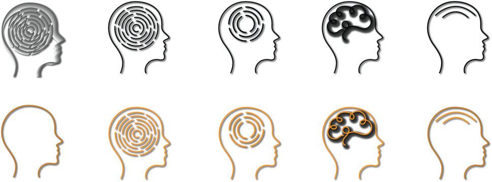 Set of 10 brain icons vector, human head silhouettes with thoughts