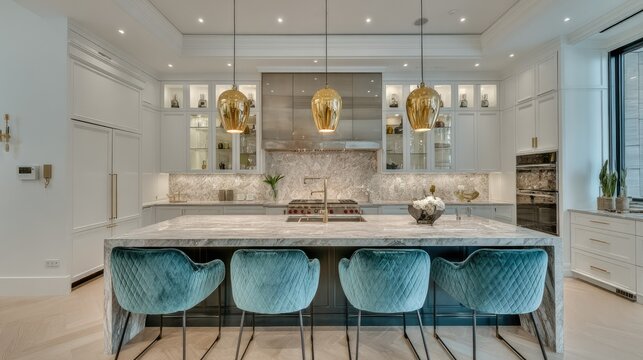 Luxurious modern kitchen with island seating and elegant pendant lights.