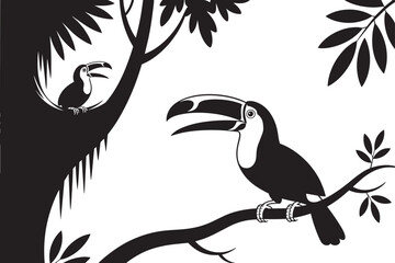 Fototapeta premium Stylized silhouette graphic illustration of a toucan perched on a tree branch amidst foliage.