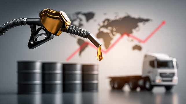 Global oil price crisis concept or energy crisis, fuel pump nozzle with a drop of gasoline forming at the tip, oil barrels and a cargo truck placed subtly in the foreground