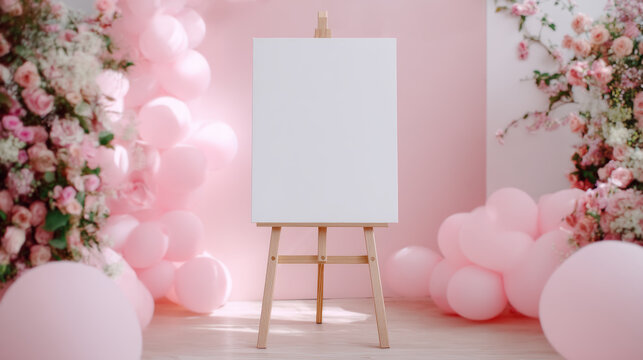 A blank white welcome sign displayed on an easel. Adorning the front of the wedding entrance archway. Pink bow floral themed party.