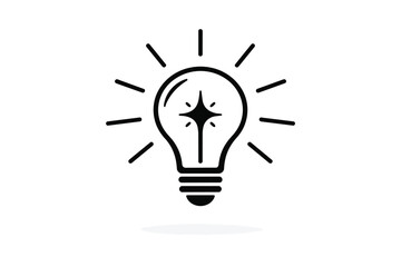 A simple black line art icon of a glowing light bulb on with radiating lines