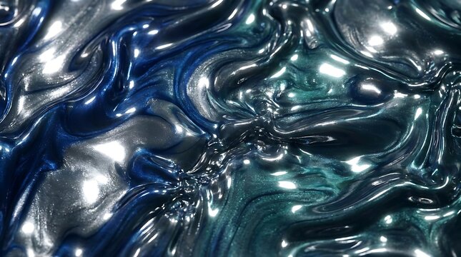 Swirling metallic liquid with blue and silver highlights flow abstract