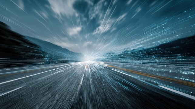 Fast moving data streams on highway at night