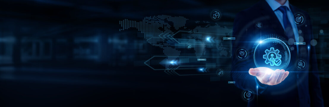 Corporate manager hand holding with worldwide network connection, corporate governance, transparency, leadership responsibility, business ethics, accountability concept.