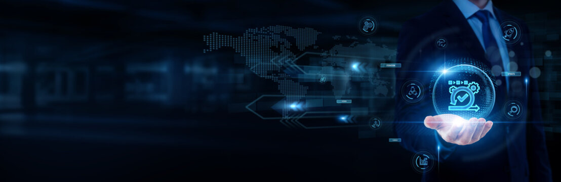 Software developer hand holding with worldwide network connection, scrum methodology, teamwork collaboration, software workflow, agile development concept.