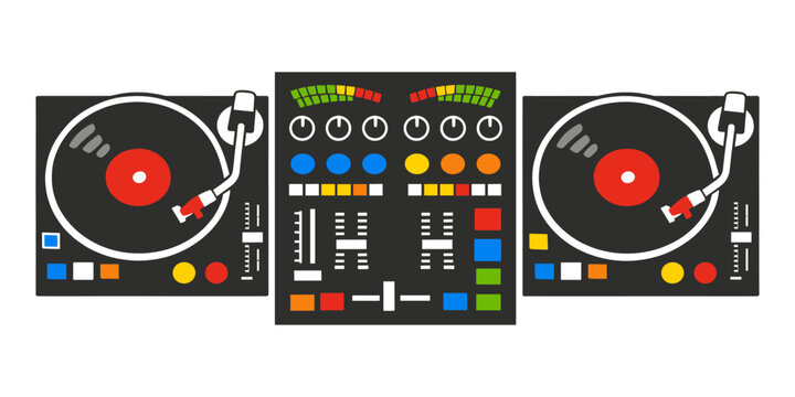 DJ console with two vinyl record players and a central mixer, representing music performance and entertainment equipment
