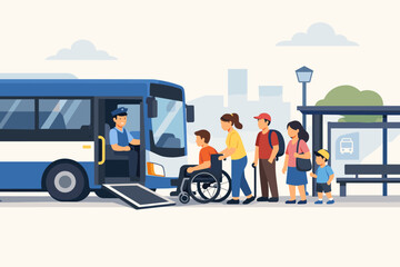 Professional bus driver helping a disabled passenger in a wheelchair board using a ramp at a modern city bus stop with other people waiting, representing accessible public transport systems.