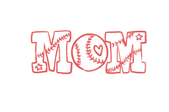 Embroidery design with red thread forming mom with baseball and heart on transparent background