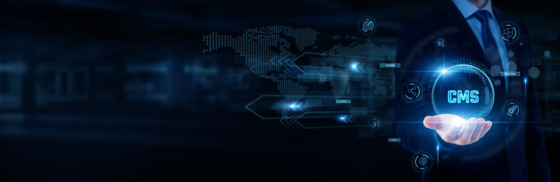 Web developer hand holding with worldwide network connection, content management system, website administration, digital publishing platform, CMS technology concept.