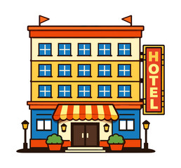 Obraz premium Hotel building illustration offering lodging, stay, and tourism services with welcoming entrance, street lamps, and planters