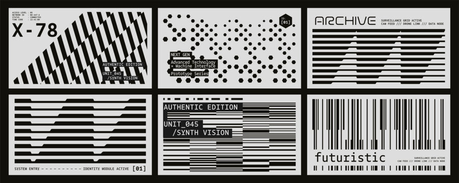 Graphic layouts with futuristic hud elements and abstract digital patterns. Geometric modern cover with contemporary shape banner and brutalist futuristic poster.