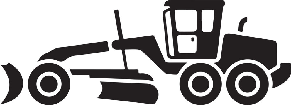 A black and white illustration of a road grader in action on a construction site