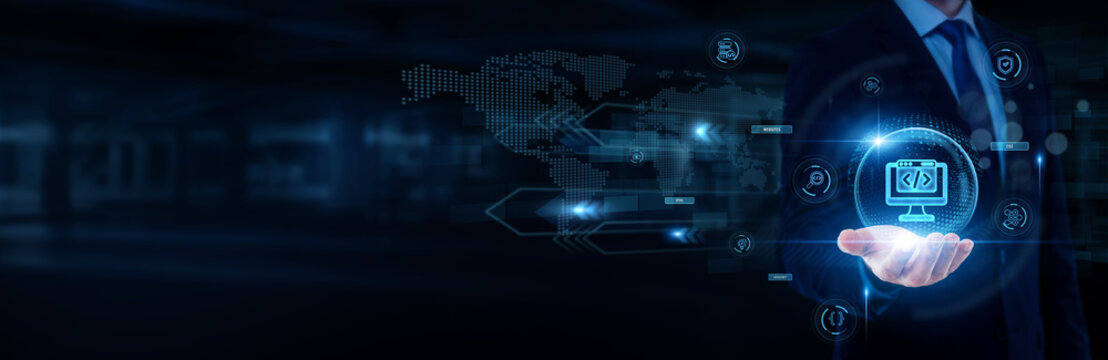 Web developer hand holding with worldwide network connection, website programming systems, front end and backend coding, web development concept.