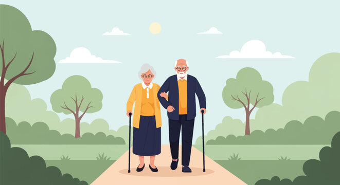 Flat vector illustration of a senior man and woman walking together on a path in a public park, using walking sticks for support while holding arms under a sunny sky with clouds.