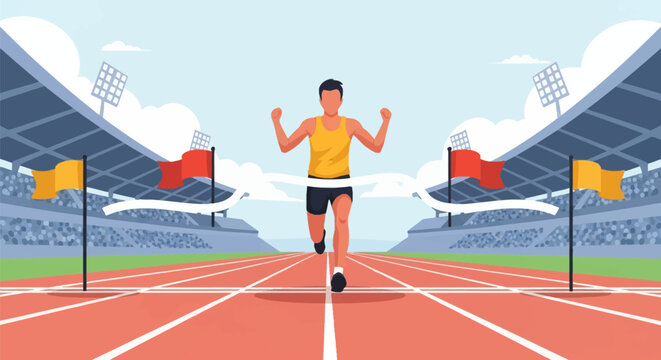 Flat vector illustration of a male runner in a yellow tank top crossing a white finish line tape with arms raised in victory on a red running track inside a large sports stadium.