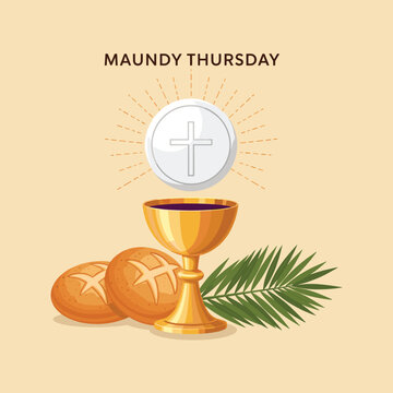 A religious maundy thursday illustration depicting the eucharist with bread wine and a host