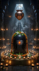 Obraz premium Beautifully decorated Shivalinga with flowers and diya divine Lord Shiva worship temple spiritual devotion Hindu ritual sacred energy Shivling artwork