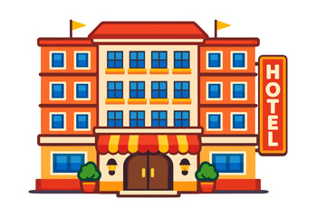 Naklejka premium Hotel building featuring a welcoming entrance with striped awning, an elegant design, and visible HOTEL sign