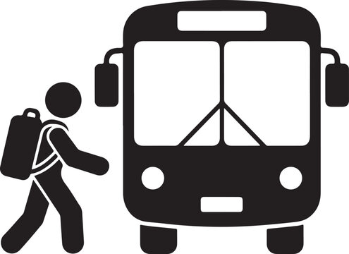 A student with backpack walking towards a school bus icon