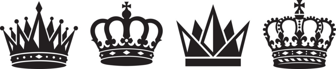 Set of four black royal crown silhouettes and heraldic diadem icons for queen king or princess luxury art © Yasin