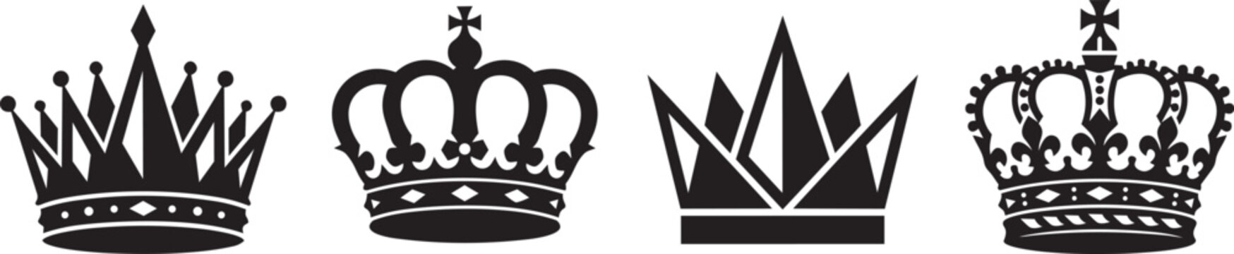 Set of four black royal crown silhouettes and heraldic diadem icons for queen king or princess luxury art