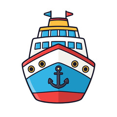 Naklejka premium Cartoon cruise ship displaying an anchor. Colorful passenger vessel for ocean travel, tourism, and summer holidays