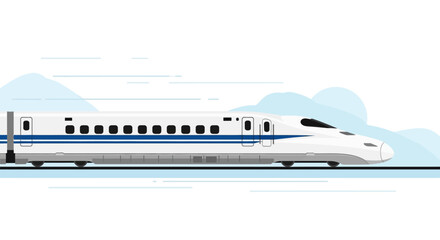 Modern High-Speed Bullet Train Traveling on Tracks with Blue Sky and Clouds