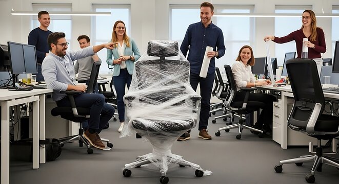 Office prank involves wrapping an office chair in plastic wrap, much to the amusement of colleagues
