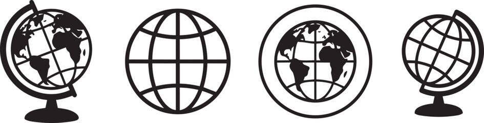 Collection of four stylized globe illustrations with different line art designs and bases © Yasin