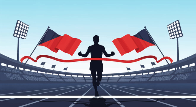 Silhouette of a male runner crossing a red finish line tape in an athletics stadium with large flags and floodlights. Flat vector illustration of track and field sports competition.