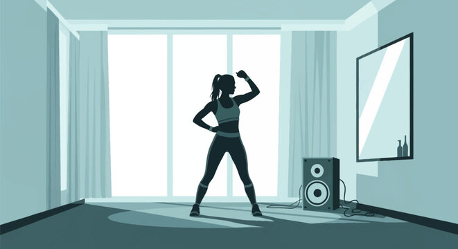 Silhouette of a woman wearing athletic clothing performing a dance fitness routine in a bright modern room with floor-to-ceiling windows, audio speaker, and a wall mirror.