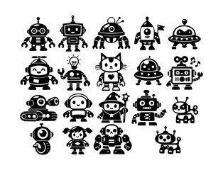 Naklejka premium Collection of stylized black silhouettes showing different cute robot characters, droids, tank bot, and spaceship designs