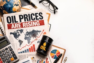 Economic analysis of rising oil prices with miniature barrel and calculator on financial reports overhead flat lay composition