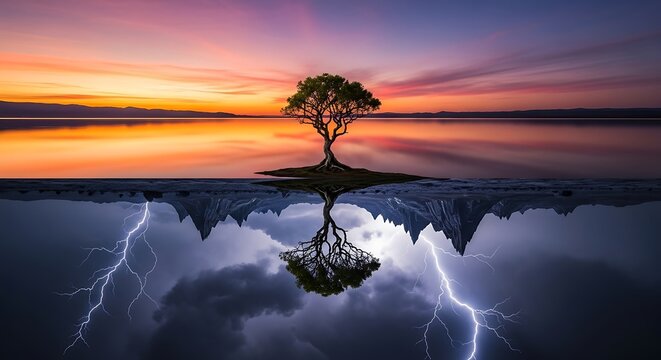Dramatic tree landscape with lightning storm.