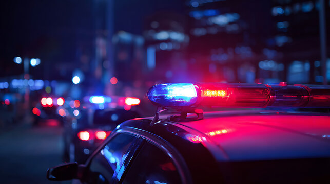 Emergency Vehicle Lights Illuminate a Dark City Street at Night, Signifying Urgent Activity and Presence of Public Safety