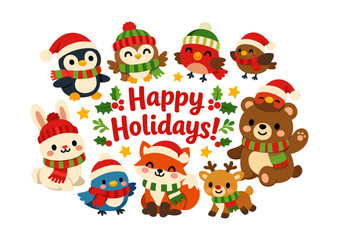 Fototapeta premium Cute cartoon animals and birds celebrating happy holidays, wearing Santa hats and colorful scarves, surrounded by holly and stars