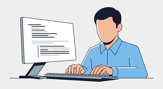 Programmer working on computer, coding on screen, typing on keyboard, focused on work