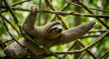 Fototapeta premium Sloth hanging from tree branch slowly.