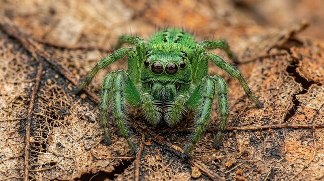 Green jumping spider macro portrait on dried leaf surface showing multiple eyes and hairy legs