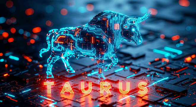 Digital taurus zodiac sign on circuit board. Cybernetic bull constellation symbol with glowing lines. Futuristic astrology and technology concept.