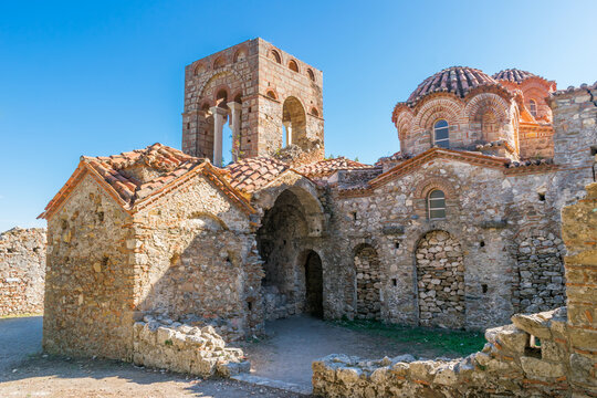 Ruins of the Holy Church of Hagia Sophia at Mystras fortified town in Laconia, Greece