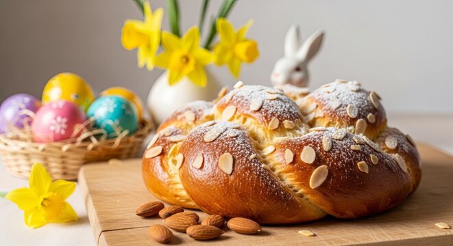 Easter braided bread loaf topped with almonds and powdered sugar. Traditional holiday pastry surrounded by colored eggs in basket, white bunny figure and yellow daffodils in vase. Festive spring