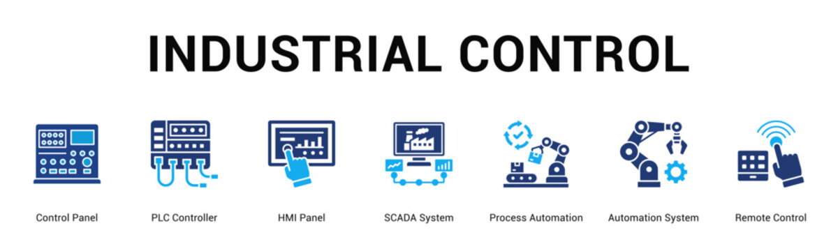 Industrial Control  Modern and clean web banner illustration vector featuring thematic icons